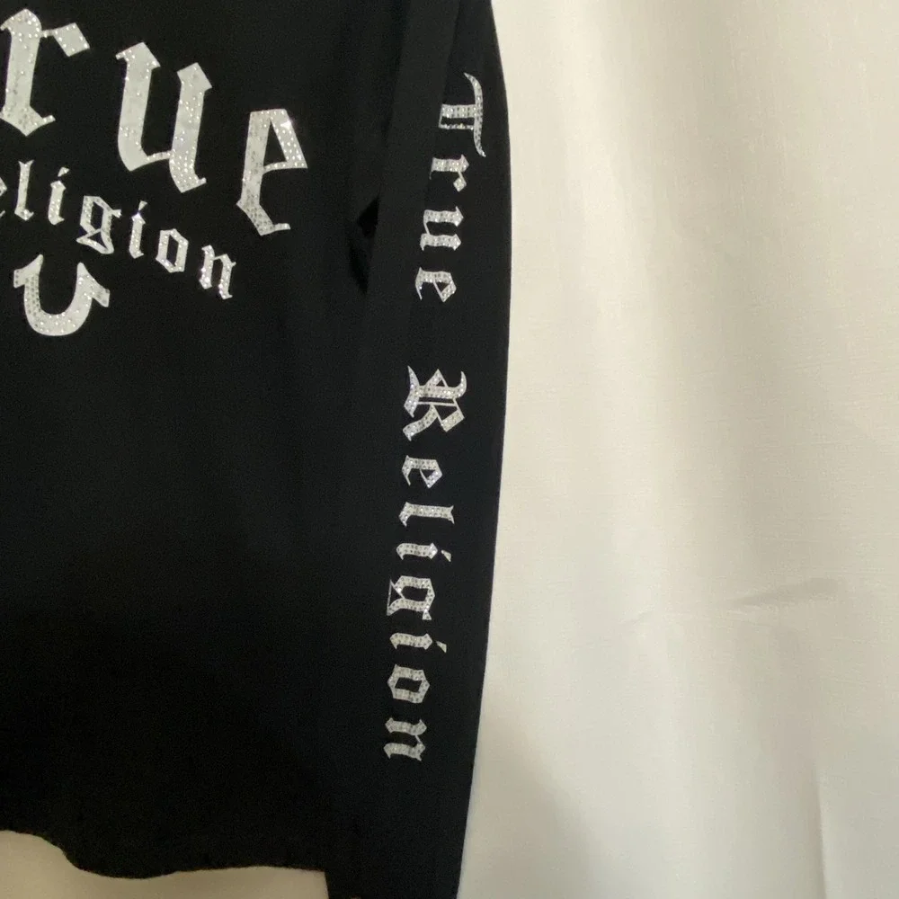 Vintage True‎ Religion Black Long Sleeve Shirt Womens Small Rhinestones Y2K
